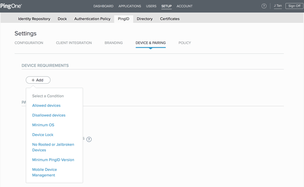 Screen capture of the PingID admin console showing the Device & Pairing tab.