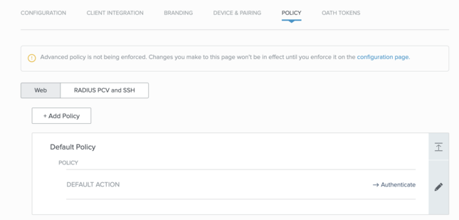 A screen capture of the PingID Policy page with the RADIUS PCV and SSH tab and configuration displayed.