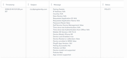 Screen capture of the PingID report showing how the pairing of an iPhone 6 is denied due to not being supported.