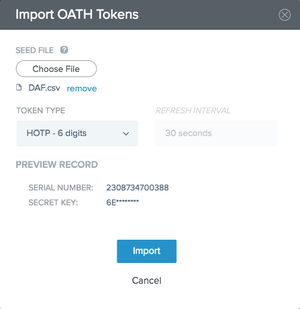 A screen capture of the Import OATH Tokens window with an imported token.