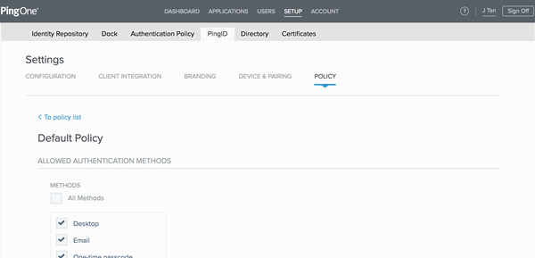 A screen capture of the Default Policy list displaying the Allowed Authentication Methods with the Desktop, Email, One-time passcode check boxes selected.