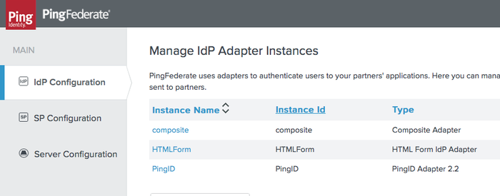 A screen capture of the Manage IdP Adapter Instances window.