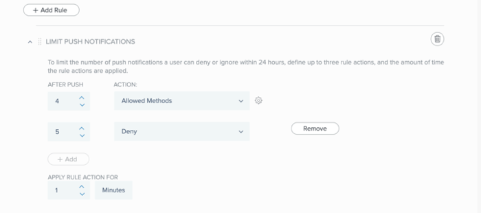 Limit push notifications rule showing two notification limits, defining the number of push notifications and the action that is triggered when the number is reached. It also shows the duration for which the rule action is applied .