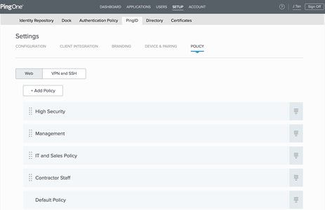 A screen capture of the Policy page displaying the Web tab with a listing of all the existing policies.