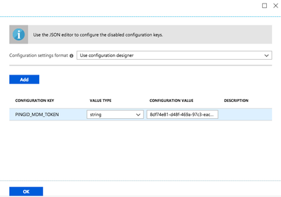 A screen capture of the Configuration Settings tab showing the Configuration Key, Value Type set to string, and Configuration Value.