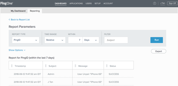 Screen capture of the Reporting tab showing the Report Parameters entered for PingID within 7 days. Below the Report Parameters the Report for PingID within the last 7 days is displayed.