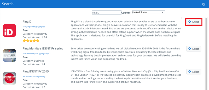 Screen capture of the mobile app store with Select highlighted for the PingID mobile app.