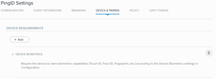 Screen shot showing the Device Biometrics policy.