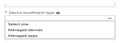 A screen capture of the Device Enrollment Type list with the options for Managed devices and Managed apps.