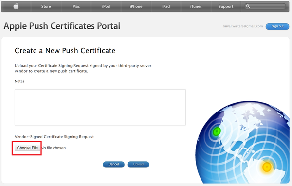 A screen capture of the Create a New Push Certificate section. The Choose File button is highlighted..