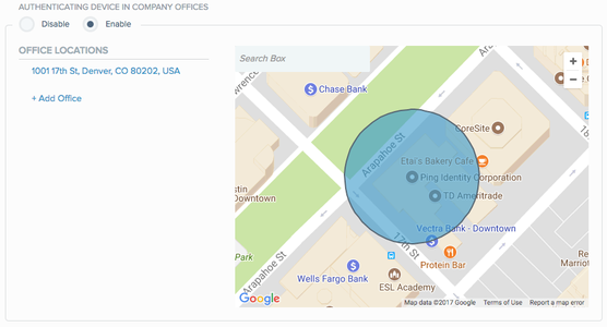 A screen capture of the Authenticating Device In Company Offices policy configuration displaying the Office Locations section with a defined office location.