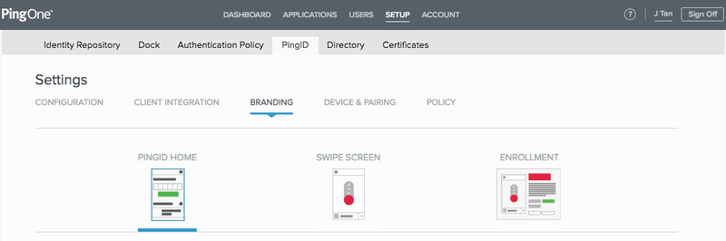 A screen capture of the PingID Enrollment branding and settings configuration workflow.