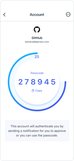 Image showing a view of the one-time passcode for one of the organization accounts in the list, after a user had tapped that organization