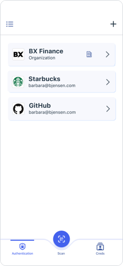 Image showing a list of organizations within the PingID mobile app