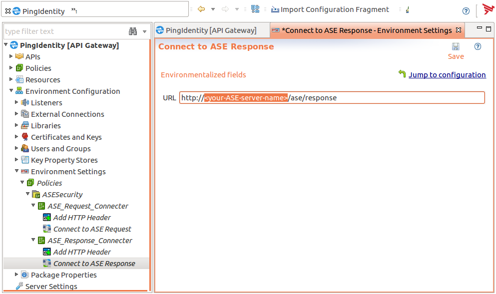 A screenshot of the Connect to ASE Response - Environment Settings page with an example URL entered. <your-ASE-server-name> is highlighted.