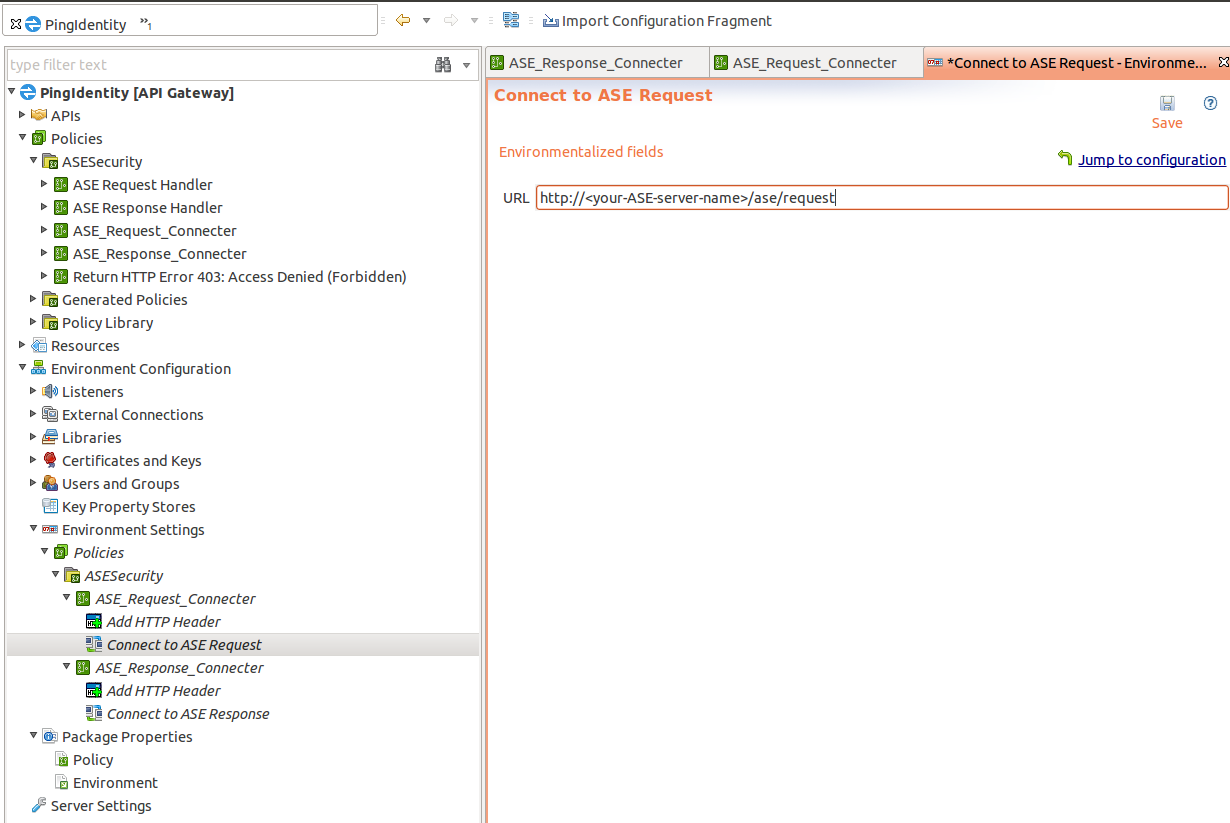 A screenshot of the Connect to ASE Request page with an example URL entered in the Environmentalized fields field..