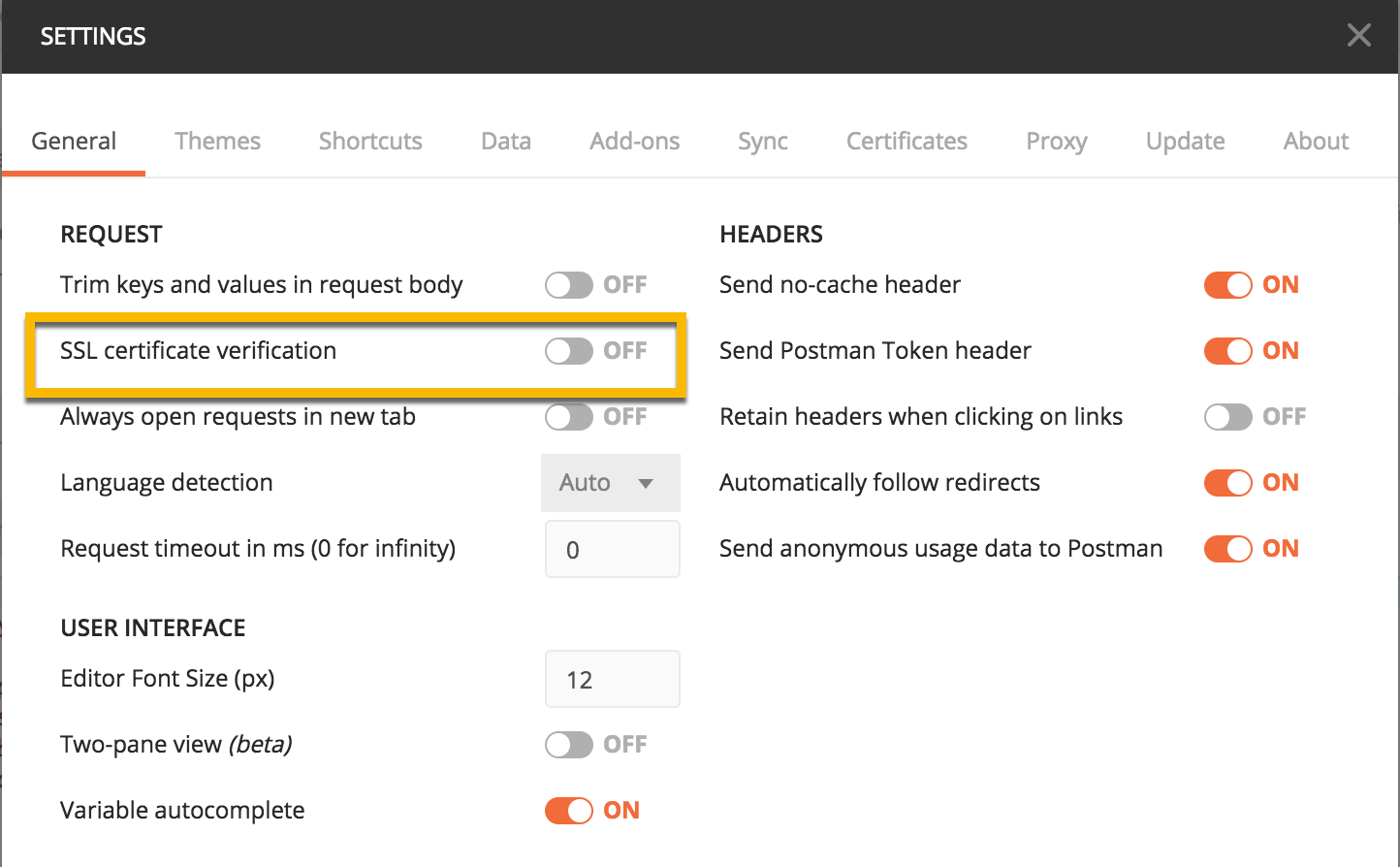 Snapshot of Postman client settings for disabling SSL certificate verification