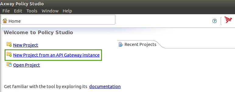 A screen capture of the Welcome to Policy Studio page with a green box around the New Project from an API Gateway instance link.