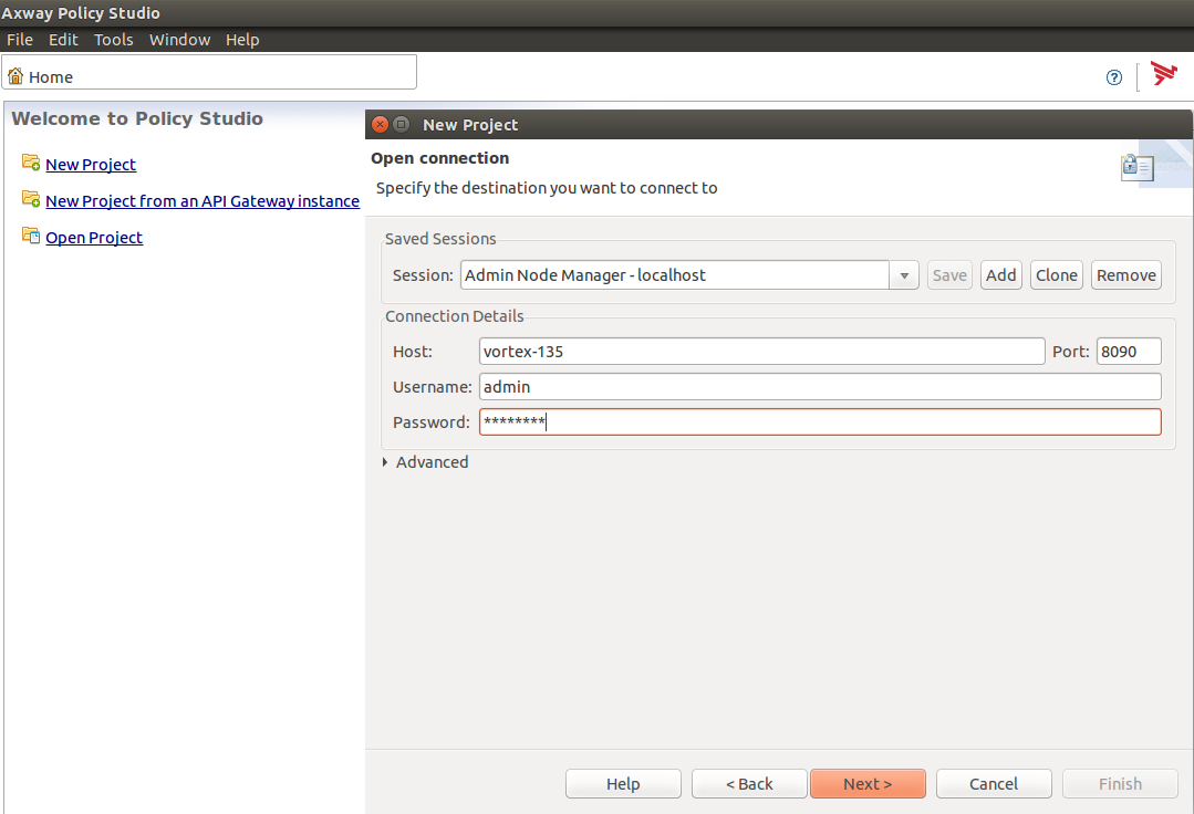 A screen capture of New Project > Open connection page. Values are entered in the Host, Username, and Password fields.