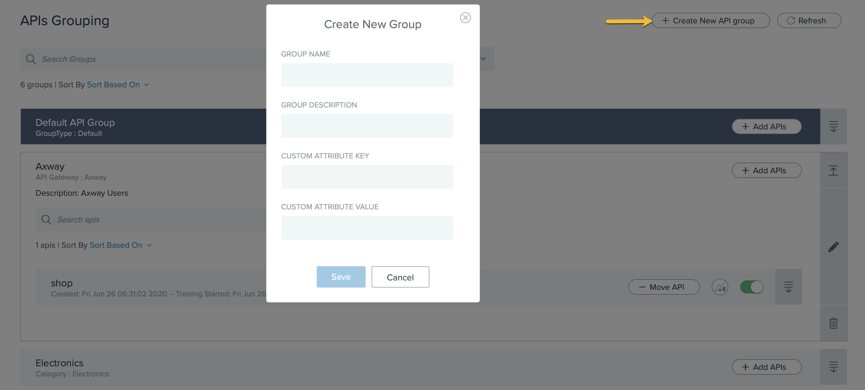 Screen capture of PingIntelligence create new API group popup window showing.