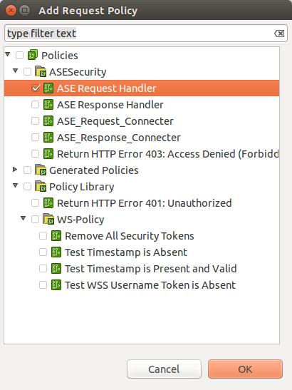 A screenshot of the Add Request Policy menu. ASE Request Handler is selected.