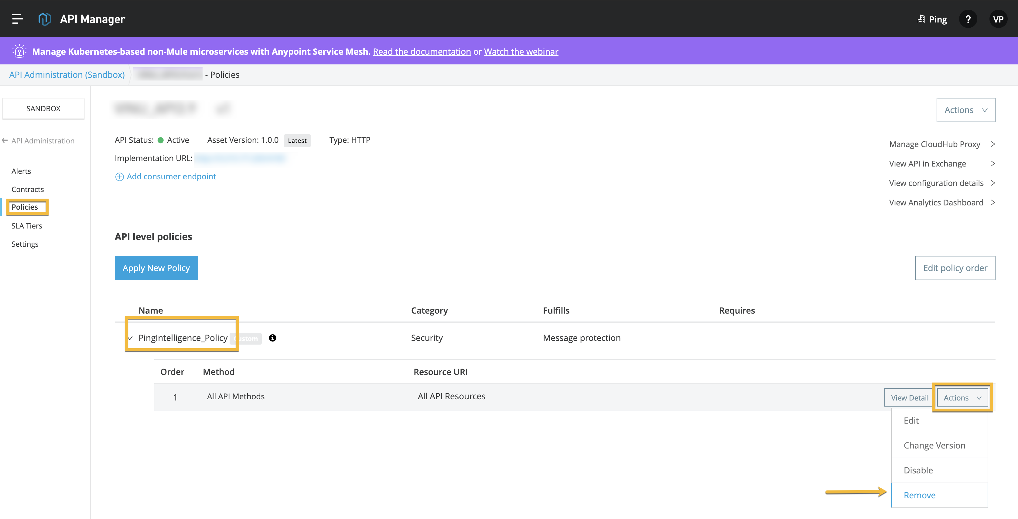 A screen capture of API Administration - Policies page with the Actions drop-down menu expanded. A yellow arrow is poining to the Remove option.