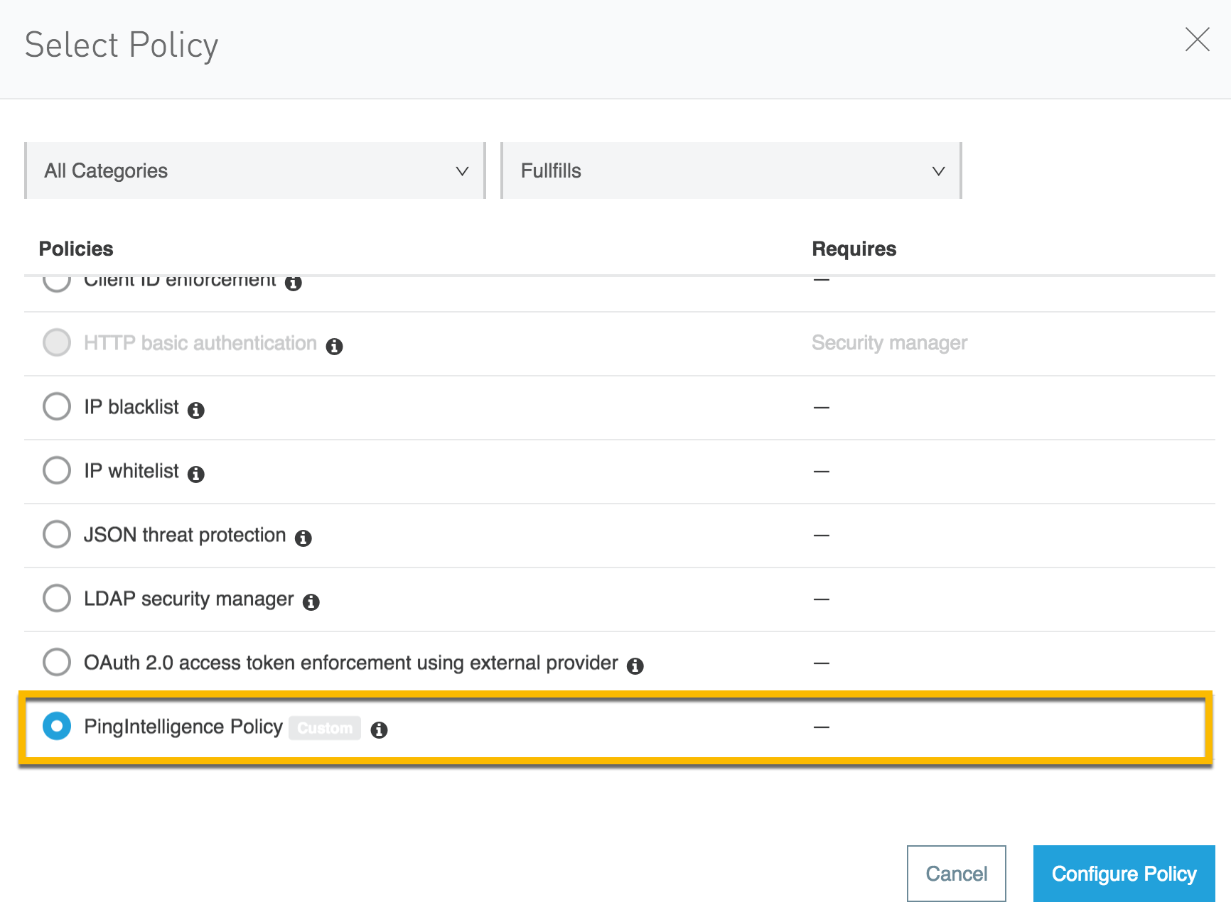 A screenshot of the Select Policy page with a box around the PingIntelligence Policy.