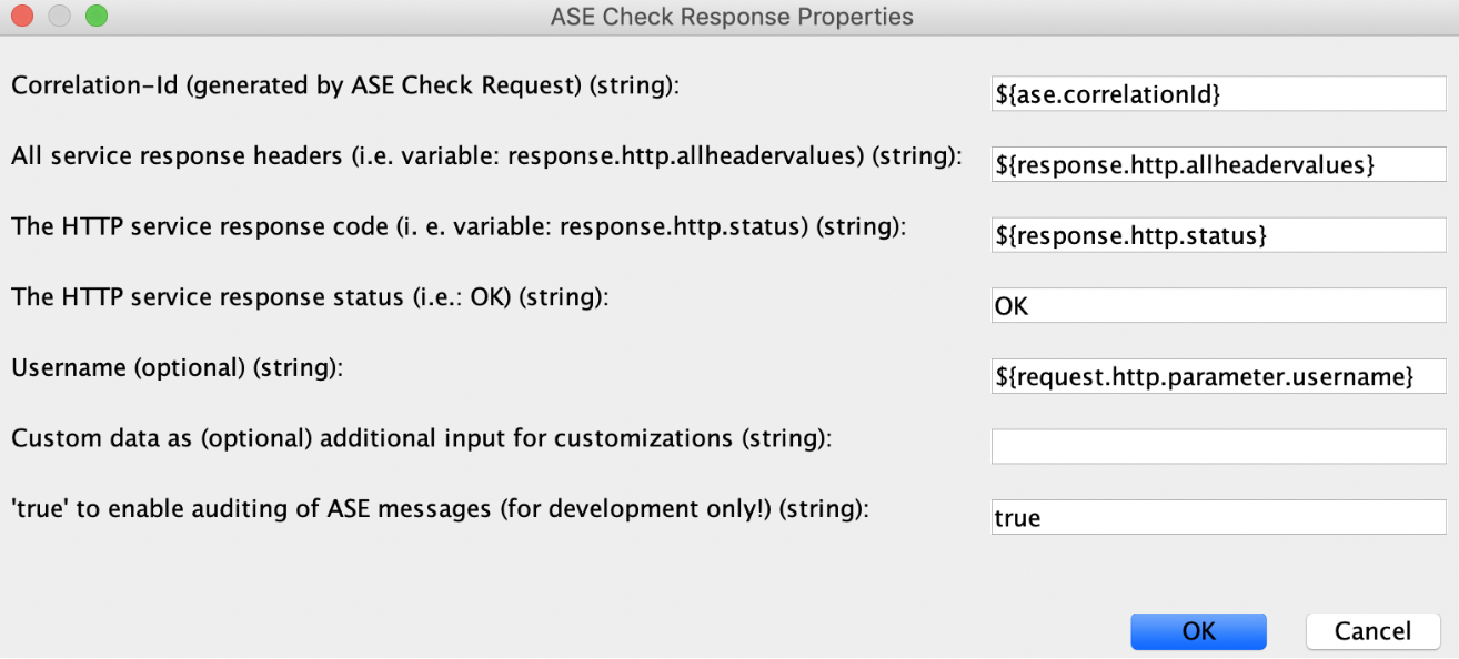 A screenshot of the ASE Check Response Properties menu with the values entered in the fields.