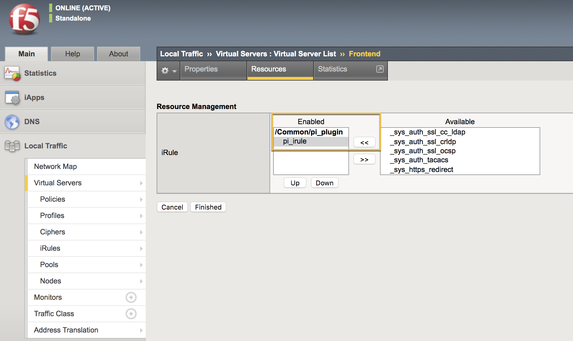 A screen capture of the Virtual Server List, Frontend page with the Enabled rules highlighted with a yellow box.