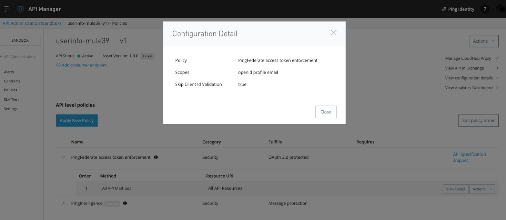 A screen capture of the Configuration Detail window in API Manager.