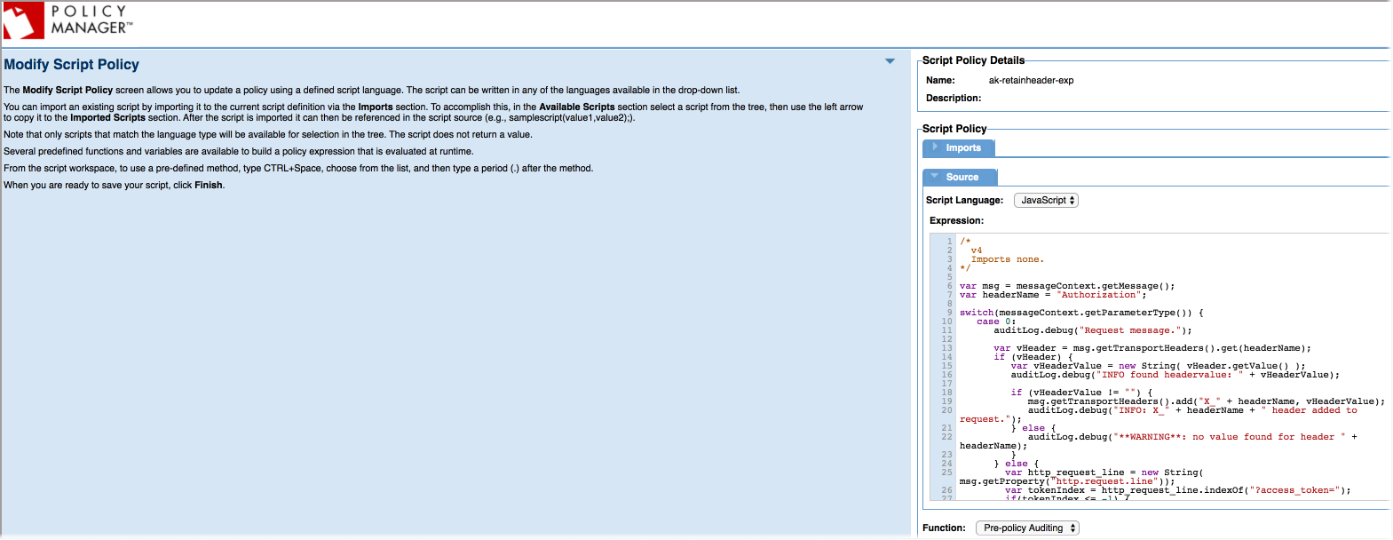 A screenshot of the Modify Script Policy page in Akana Policy Manager.