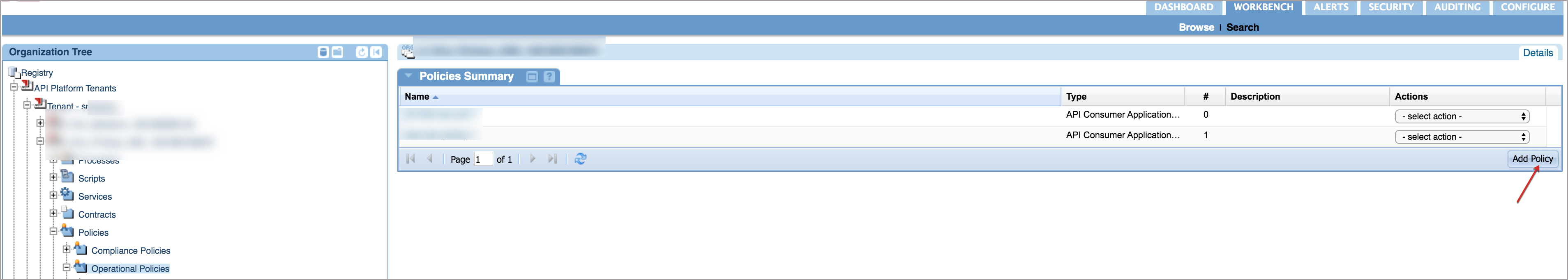 A screenshot of the Add Policy button on the Policies Summary page in Akana Policy Manager.