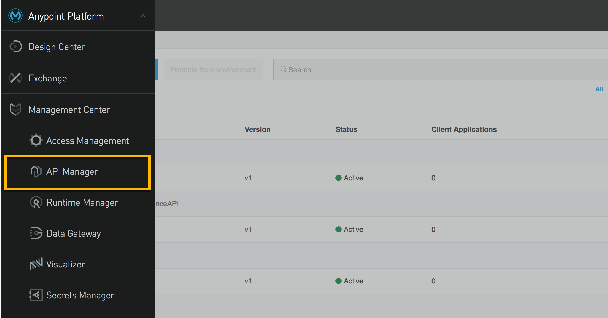 A screen capture of the MuleSoft left navigation with API Manager hilighted with a yellow box.