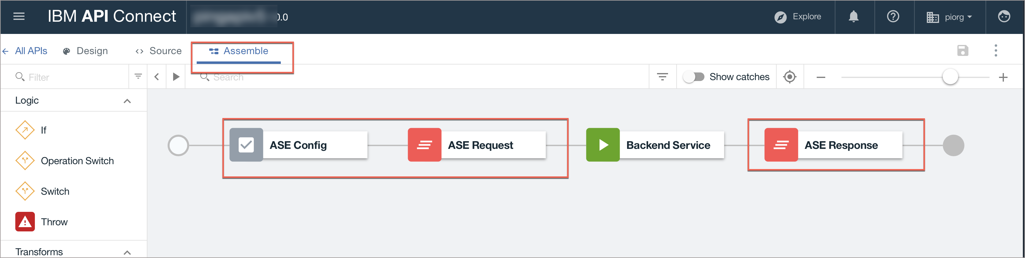 A screen capture of the Assemble page with red boxes around ASE Config, ASE Request, and ASE Response.