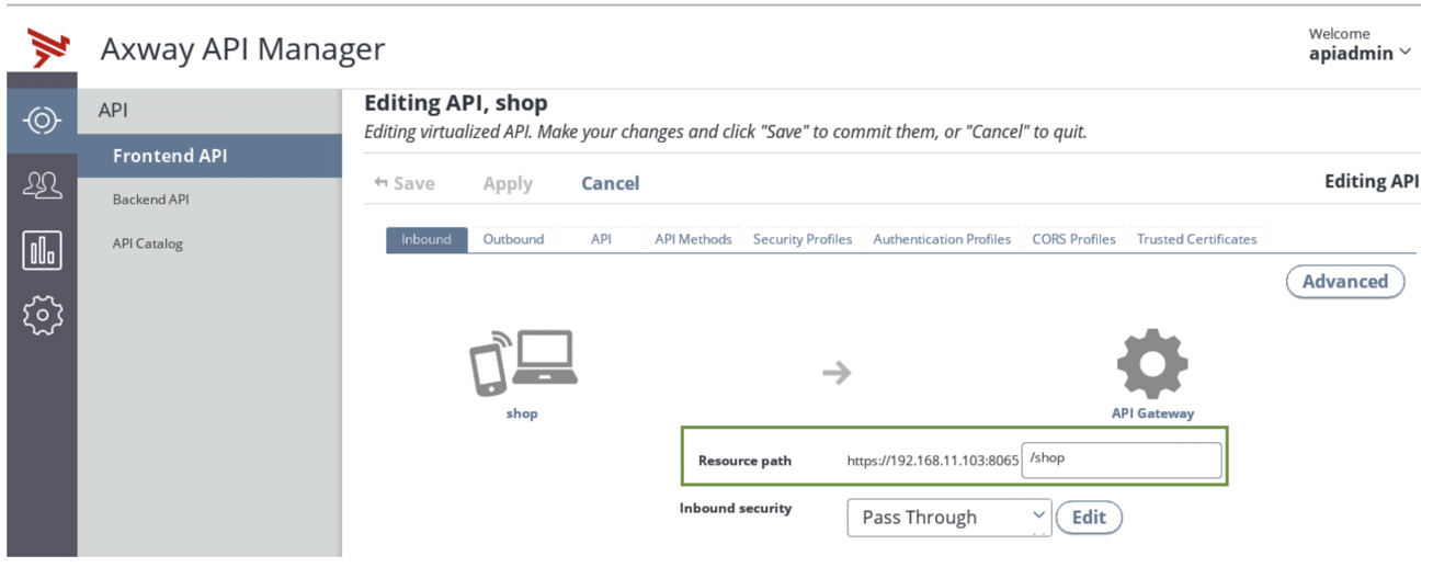 A screen capture of the Frontend API > Editing API page with a green box around Resource path field.