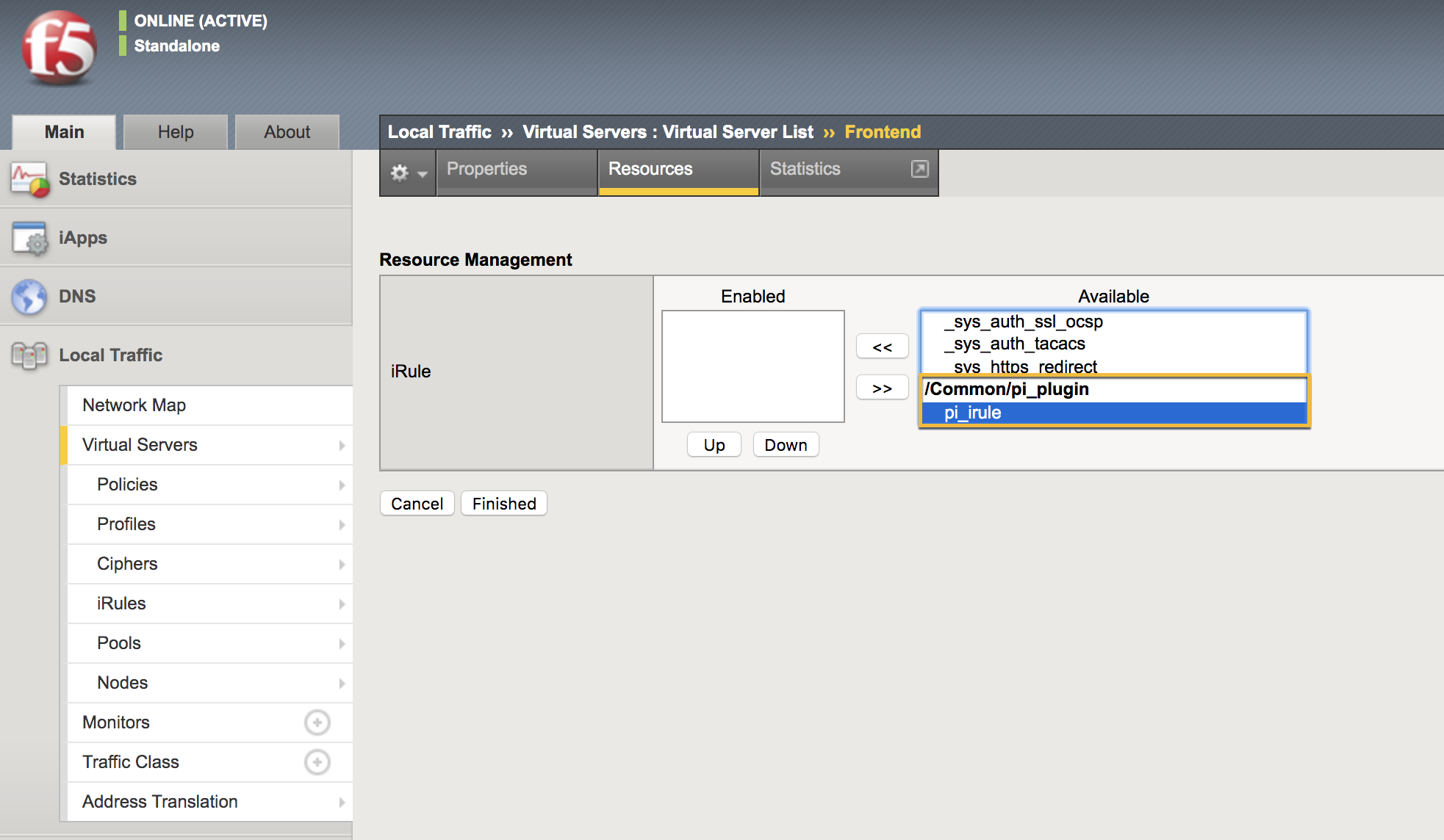 A screenshot of the Frontend, Virtual Server List page with pi_rule highlighted by a yellow box.