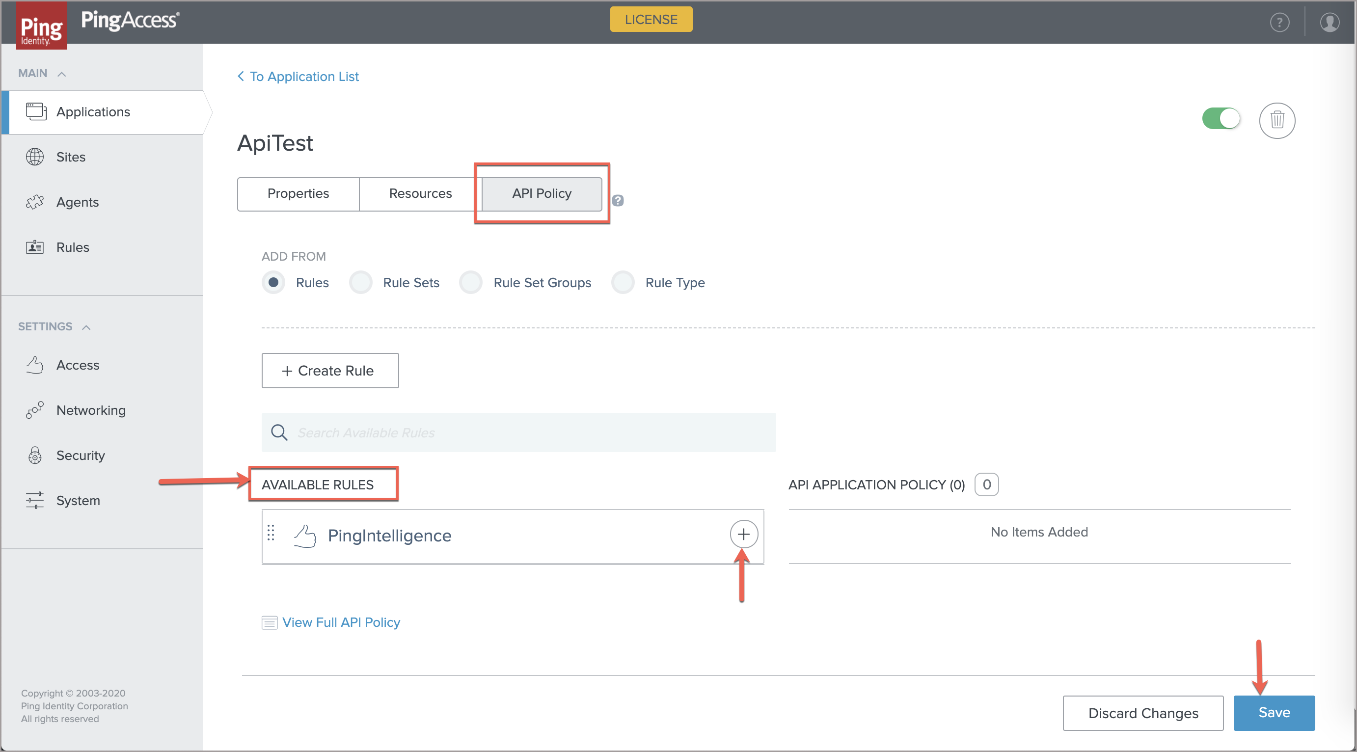 A screen capture of the ApiTest application on the API Policy tab. The API Policy tab has a red square around it. Available Rules has a red arrow and box around it, and a red arrow is pointing to the + icon. The Save button also has a red arrow pointing to it.