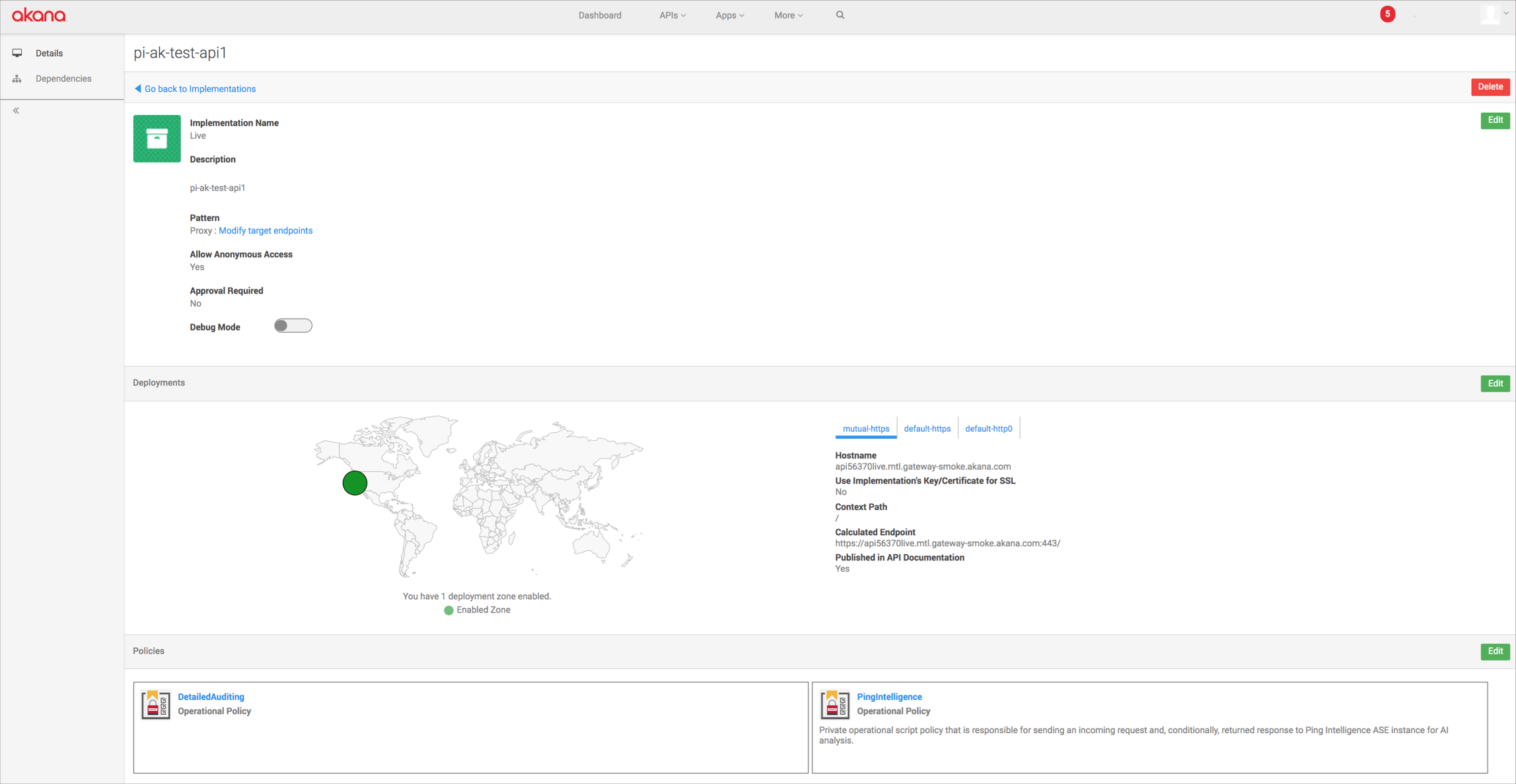 A screenshot of the API Implementations Details page in Akana Policy Manager.