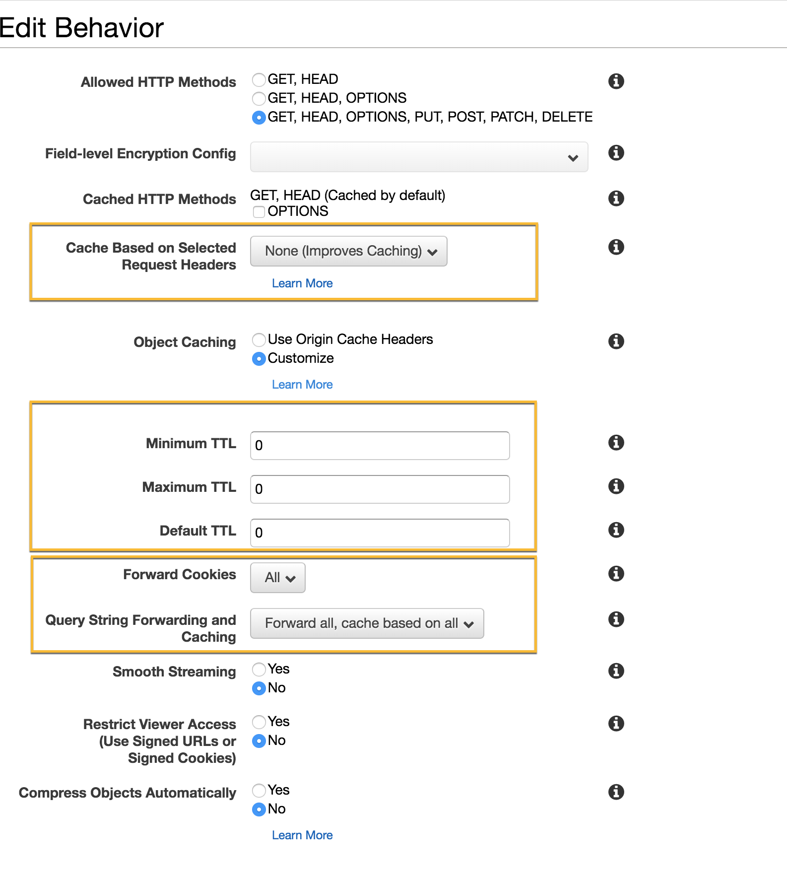 A screenshot of Edit Behavior page. A yellow box is around the Cache Based on Selected Request Headers field, the TTL fields, and the Forward Cookies + Query String Forwarding and Caching fields.