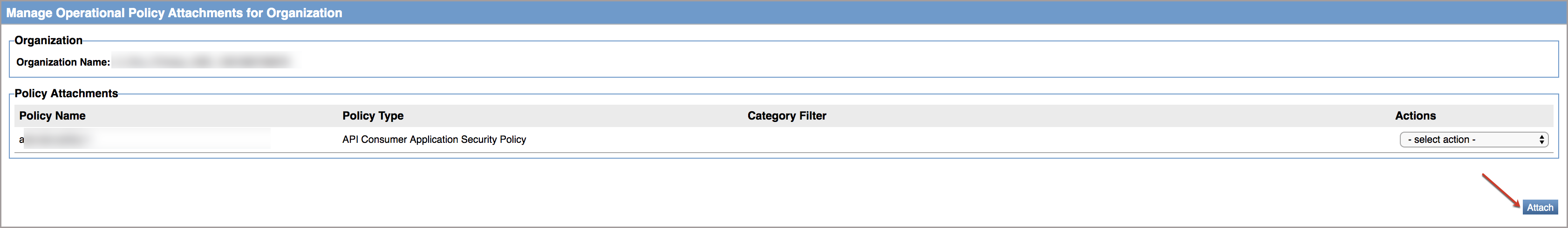 A screenshot of the Manage Operational Policy Attachments for Organization page.