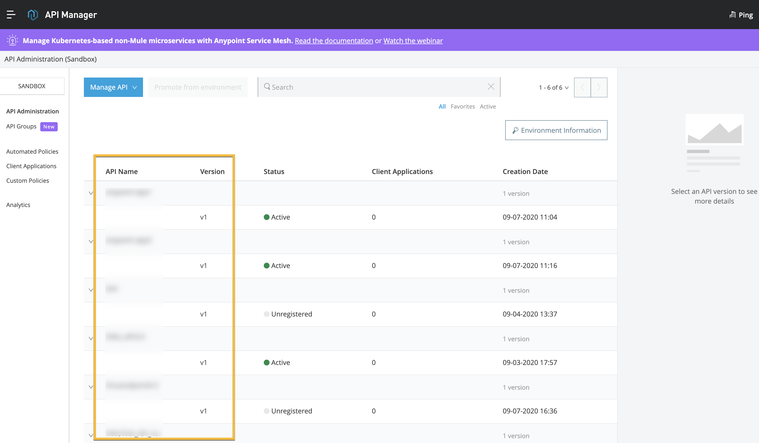 A screen capture of the API Administration page with the API Name and Version columns highlighted with a yellow square.