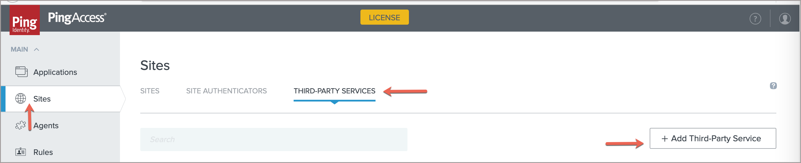 A screen capture of the Sites page in PingOne API Intelligence . Red arrows are point to the Sites link in the left navigation, the Third-Party Services menu, and the Add Third-Party Service button.