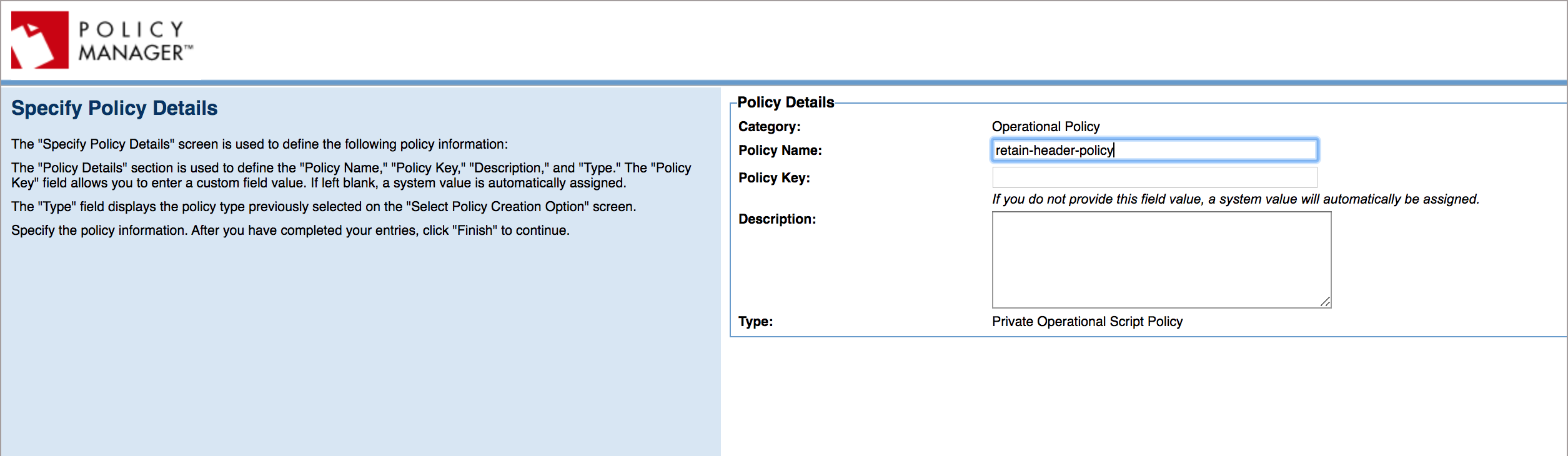 A screenshot of the Specify Policy Details page in Akana Policy Manager.