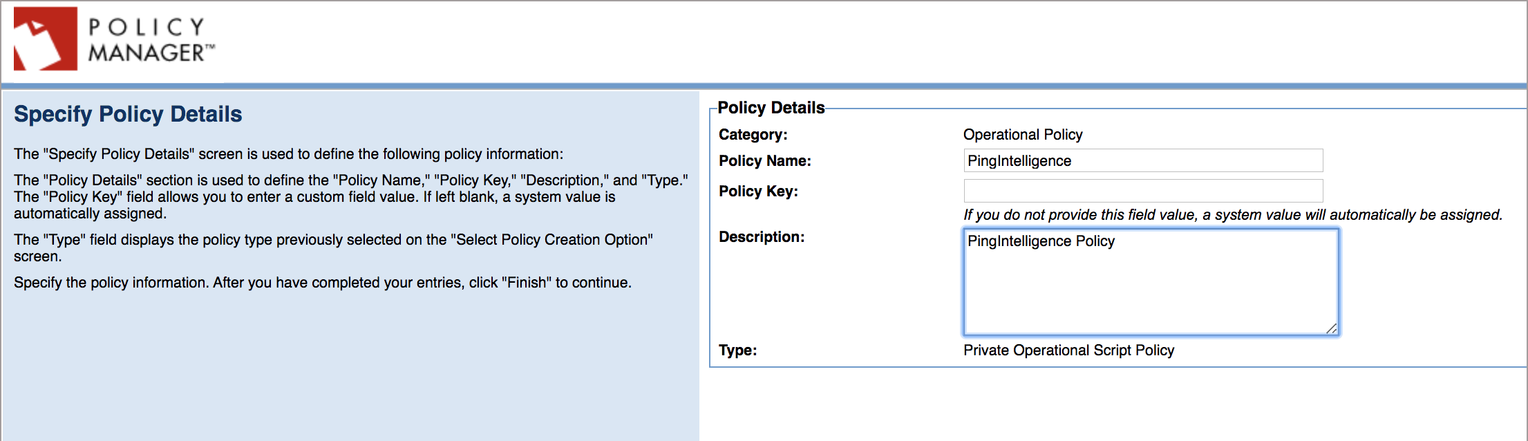 A screenshot of the Specify Policy Details page in Akana Policy Manager.