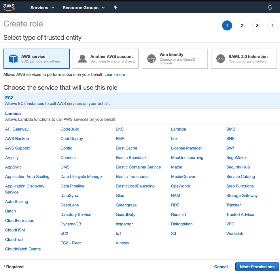 A screenshot of the Create Role > Select type of trusted entity page with AWS service selected.