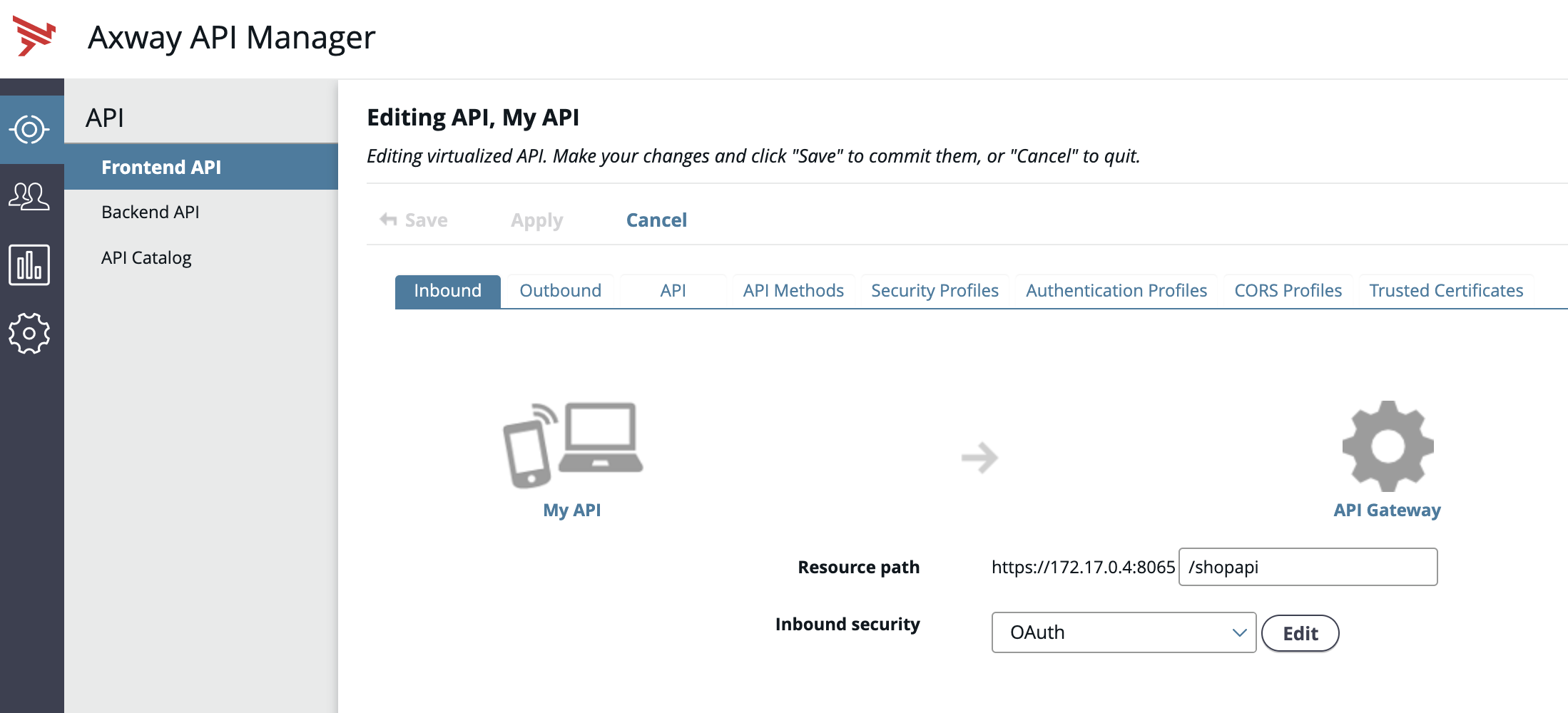 A screen capture of the Inbound tab in Axway API Manager.