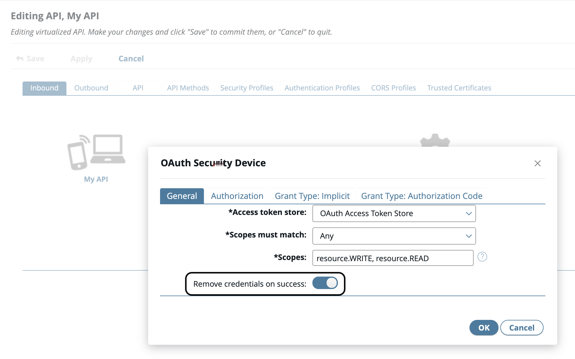 A screenshot of the Axway OAuth Security Device window with the Remove credentials on success toggle highlighted with a black circle.