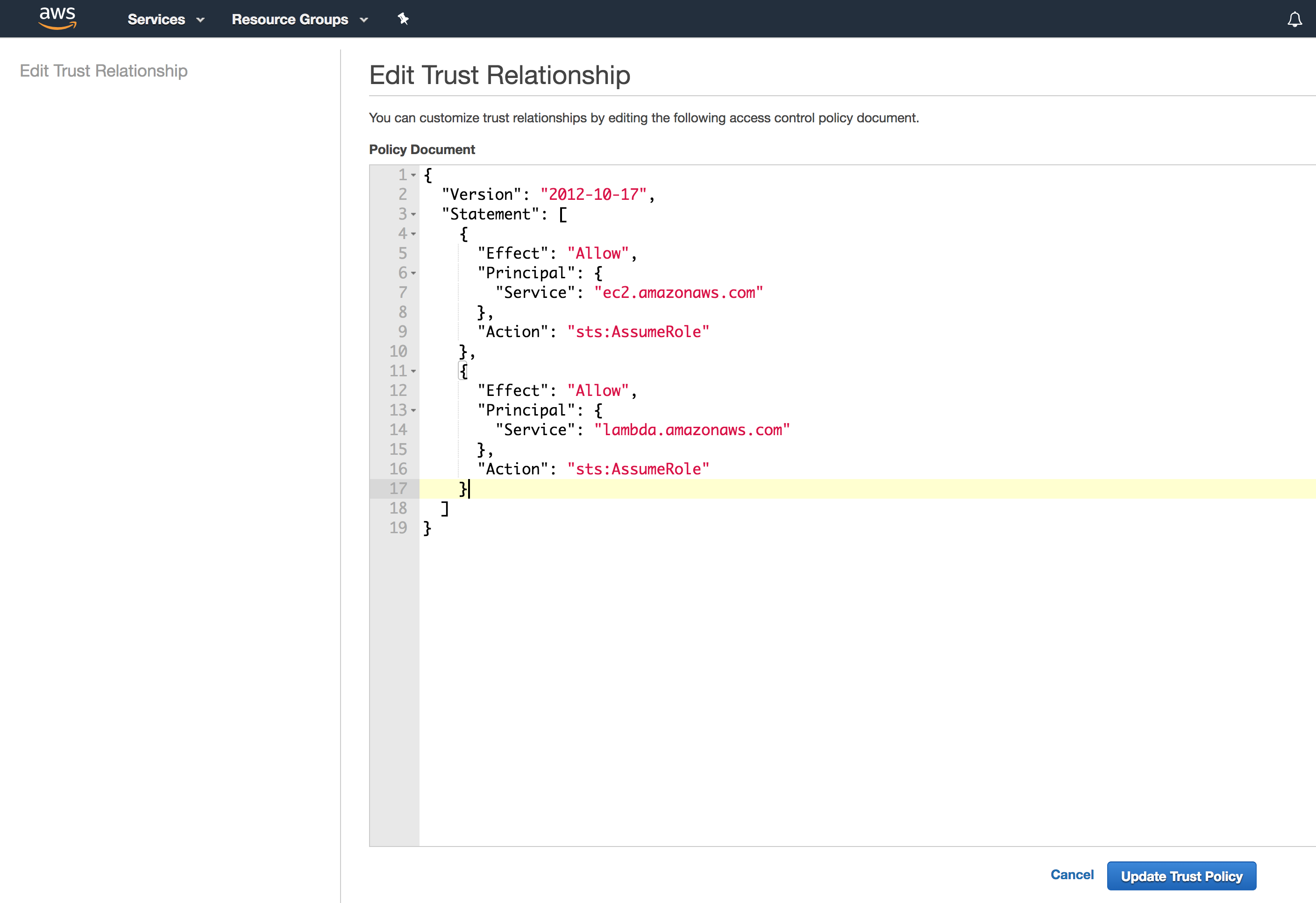 A screenshot of the Edit Trust Relationship page.