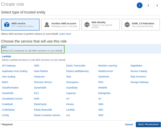 A screenshot of EC2 instance on the create role page.