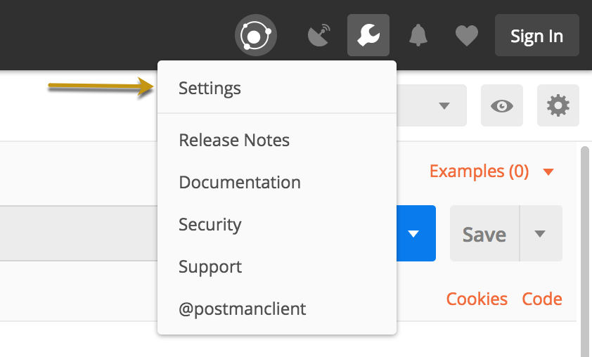 Screen capture of Postman client settings for disabling SSL certificate verification.